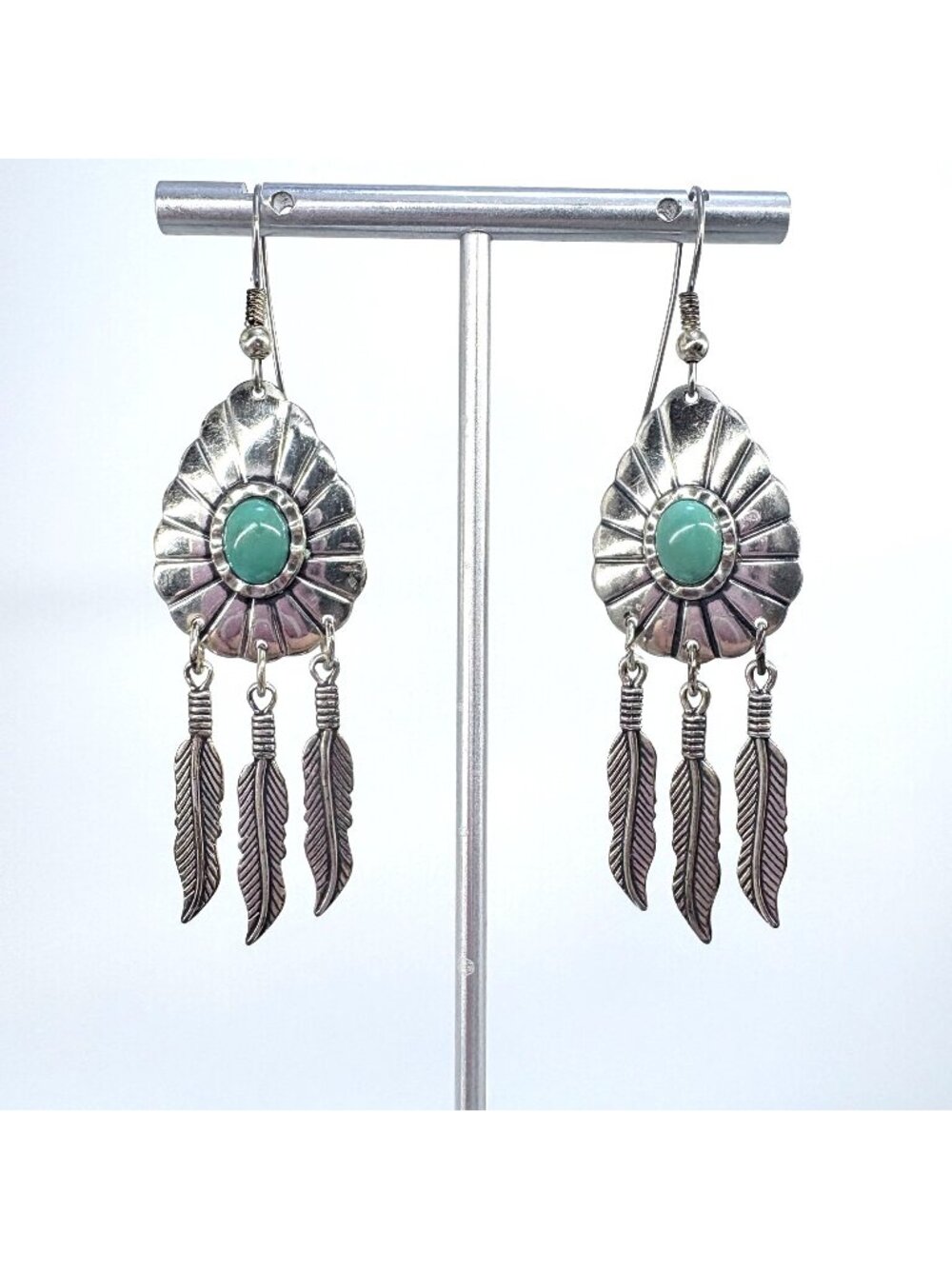 Southwestern Turquoise Sterling Silver 925 Concho Dangle Earrings Size 2.5"L